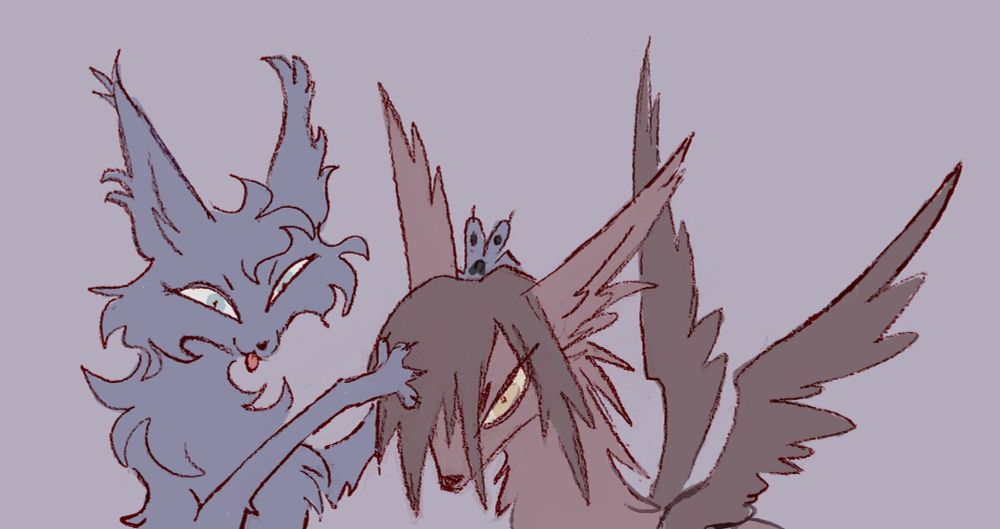 Betony (special designer maine coon cat) bothering Osprey (some kind of winged emo dog thing found on the street that might be part wolf) 