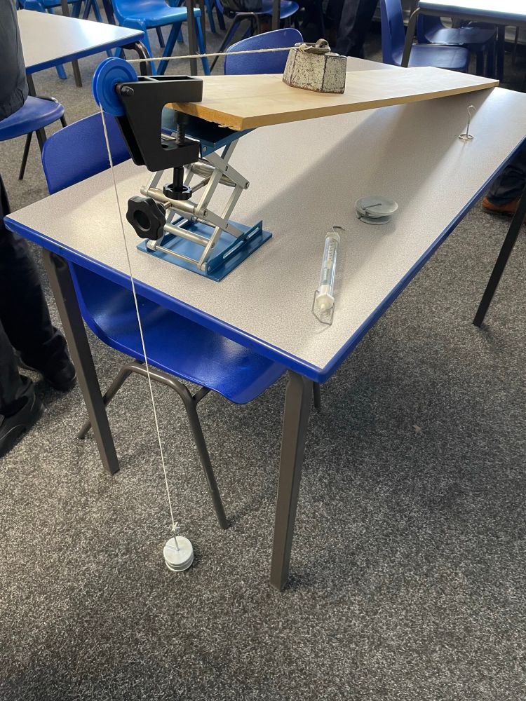 A 2kg mass on a slope supported by a lab jack. A string attaches the mass to a dangling mass via a pulley.