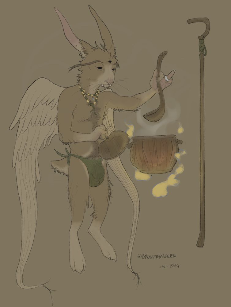 A fantasy styled anthro bunny, stirring a wooden pot with a wooden serving spoon.  Looking into the pot as steam rises.