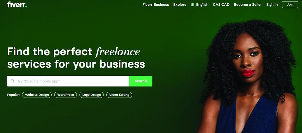 A screenshot of Fiverr that shows a business woman next to the text "Find the perfect freelance services for your business."