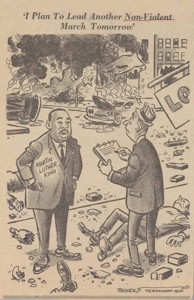 Political cartoon from the Civil rights era depicting Dr Martin Luther King as leading violent protests.
