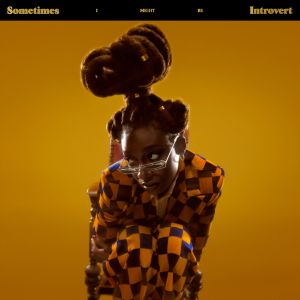 The cover of SOMETIMES I MIGHT BE INTROVERT, a 2021 album by Little Simz. Artist in dark blue/yellow harlequin-style top and trousers, crouching, looking to right, wearing glasses, ornate hair standing up and dominating top centre of frame. On a burnt yellow background. Title at top, in yellow on thin strip of black.