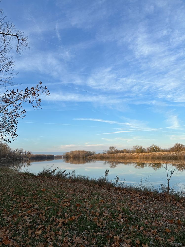 Blue sky, light clouds, and fall leaves, bisected by a ribbon of still river. 