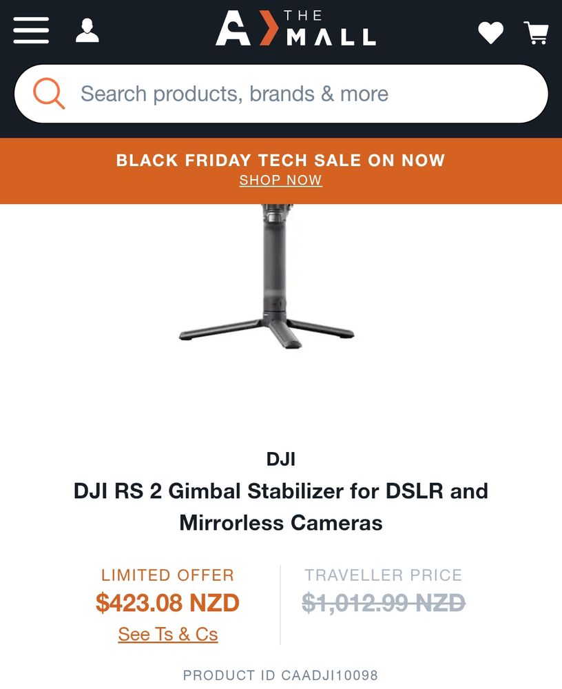Auckland Airport's official "The Mall" website (as linked from PB Tech) showing the "limited offer" price of $423.08 and a crossed out "traveler price" of $1012.99 - more than double the normal retail price at any PB Tech store.
