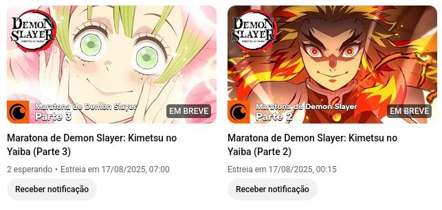 Canal do youtube da Crunchyroll Brasil com vídeos de maratona sobre o anime demon slayer