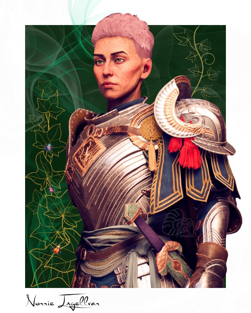 image by Turid of Norrie, a mourn watcher with pale skin and closely cropped pink hair. 