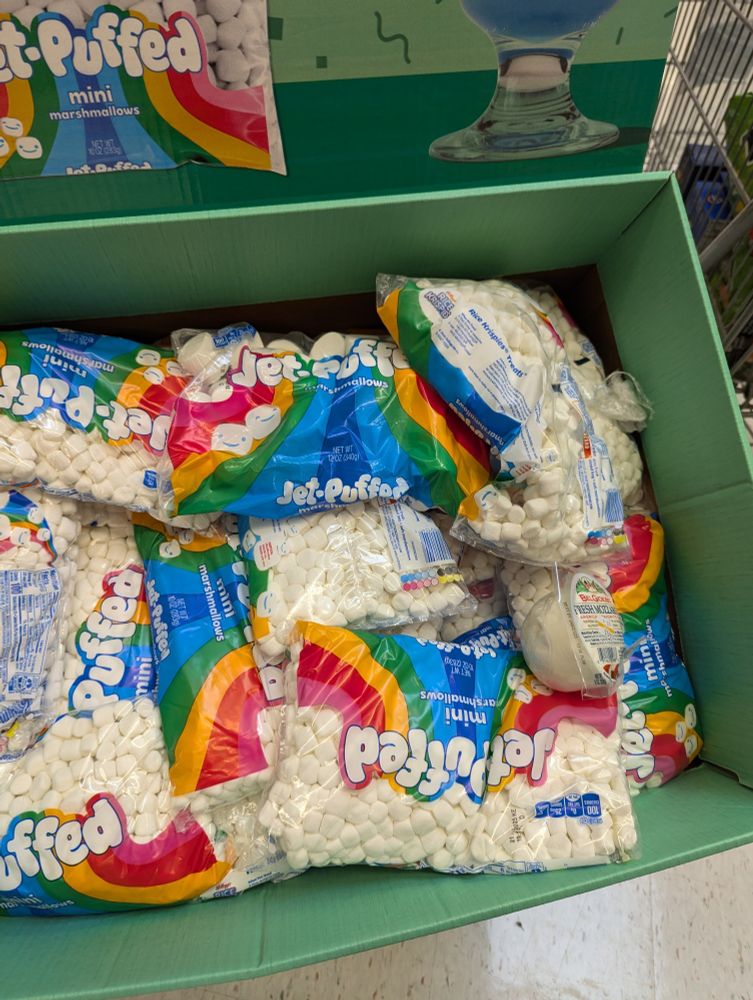 Supermarket display of jet puffed marshmallows.