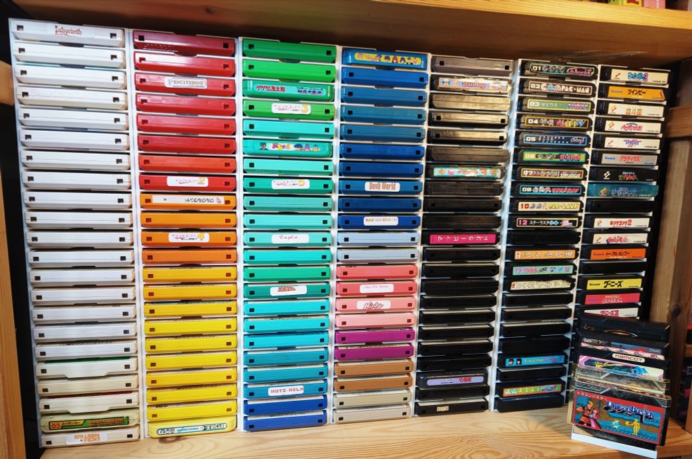 Stacks of Famicom carts in shelves