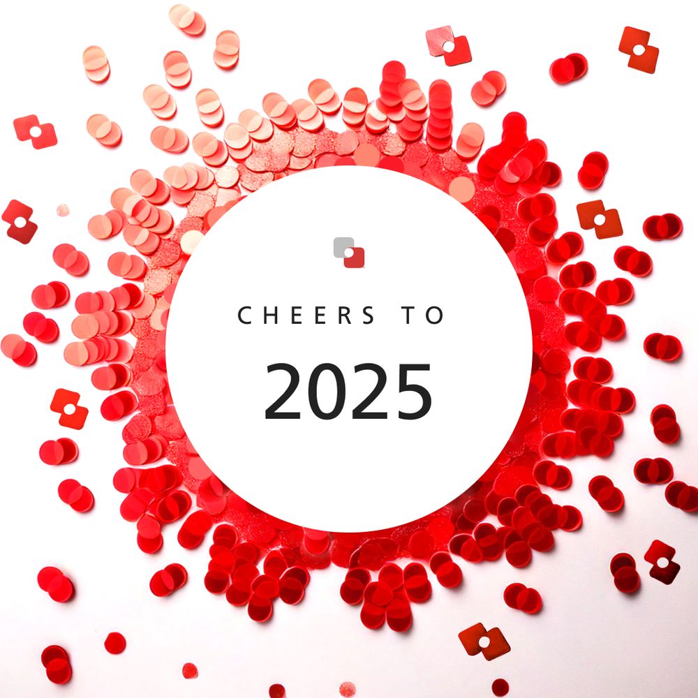 An illustration showing a circle of confetti. Some pieces of confetti are shaped like the MIM Software logo, which is two partially overlayed red squares with a white circle in the middle where the squares touch each other. Text in the middle of the graphic reads "Cheers to 2025." 