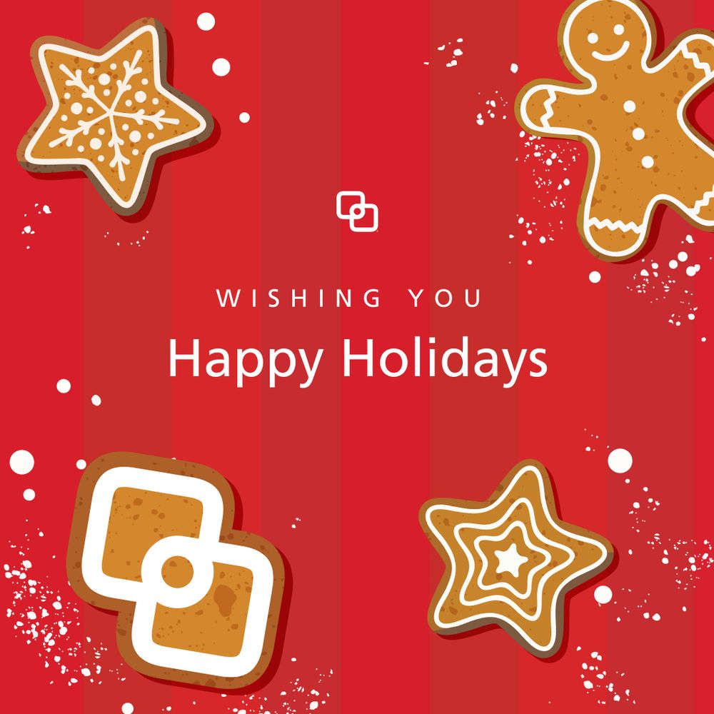 Illustrations of gingerbread-shaped, star-shaped, and MIM-logo-shaped holiday cookies on a red background. Text in the middle reads "Wishing you Happy Holidays." 