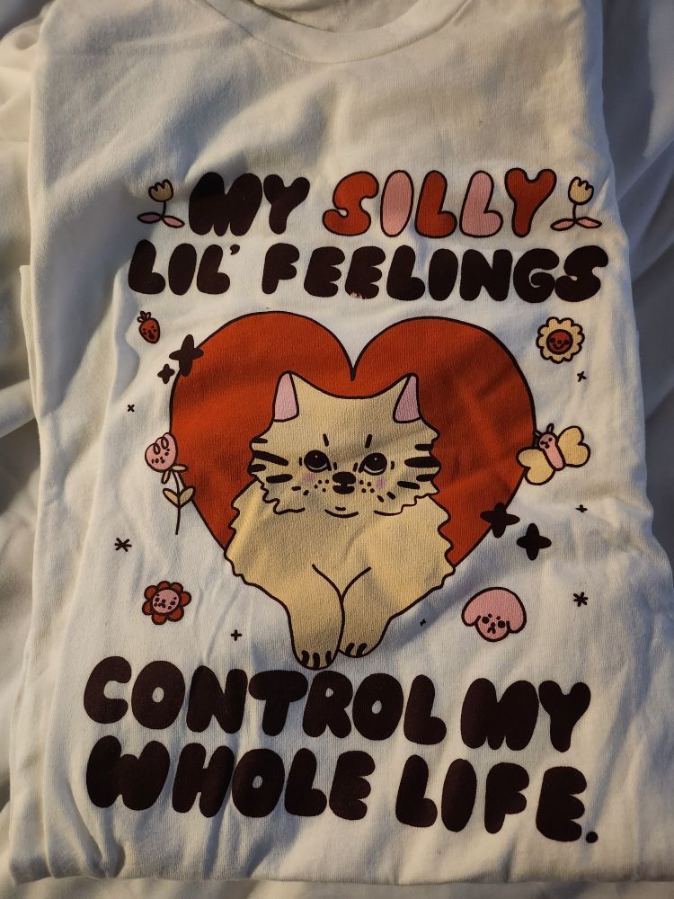 tshirt with a cat that says "my silly lil feelings control my whole life"