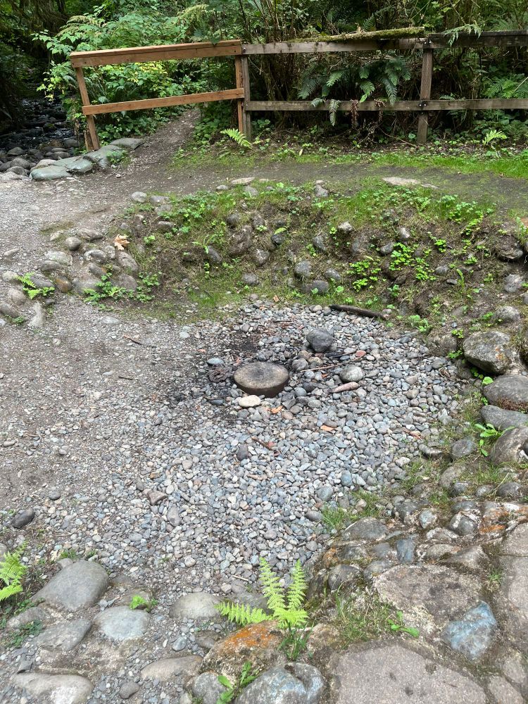 A concrete cap stained with scorch marks sits in the middle of a depression in the ground filled with pebbles and surrounded by mortared flagstones, with a short fence and dense forest in the background