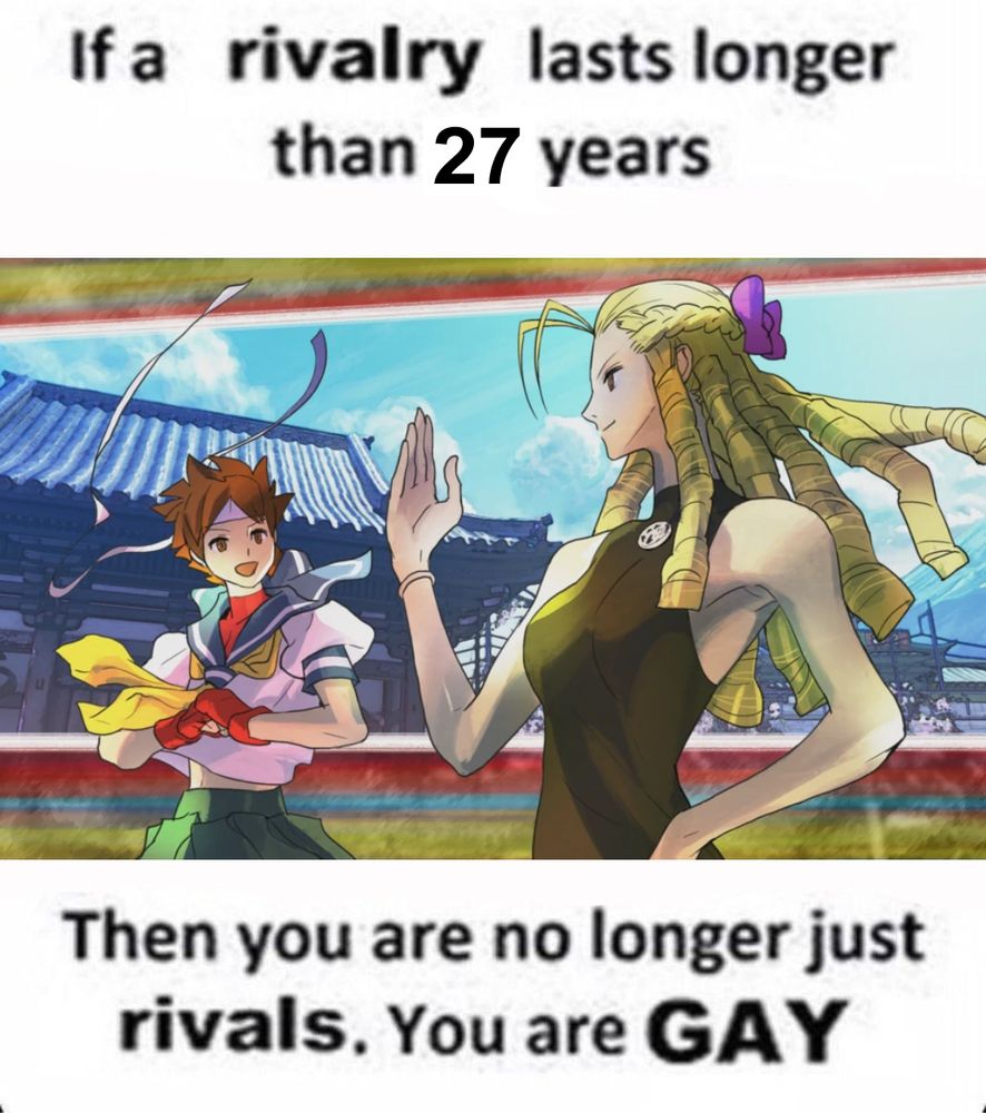 Image of Sakura and Karin from Street Fighter with the caption "If a rivalry lasts longer than 27 years, Then you are no longer just rivals. You are GAY."