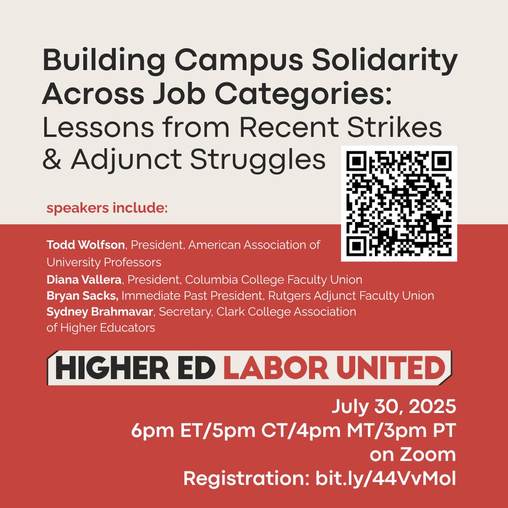 Building Campus Solidarity Across Job Categories: Lessons from Recent Strikes & Adjunct Struggles
Speakers include:
Todd Wolfson, President, American Association of University Professors
Diana Vallera, President, Columbia College Faculty Union
Bryan Sacks, Immediate Past President, Rutgers Adjunct Union
Sydney Brahmavar, Secretary, Clark College Association of Higher Educators