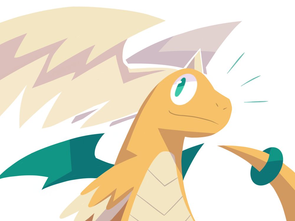digital lineless art of Mega Dragonite. He's has beige wings on the sides of his head and small blue green colored wings on his back as well as his eyes.

He has winged shoulders as well and smiling while looking up. The tail also has a blue green ring around it.

the background is white. End description.
