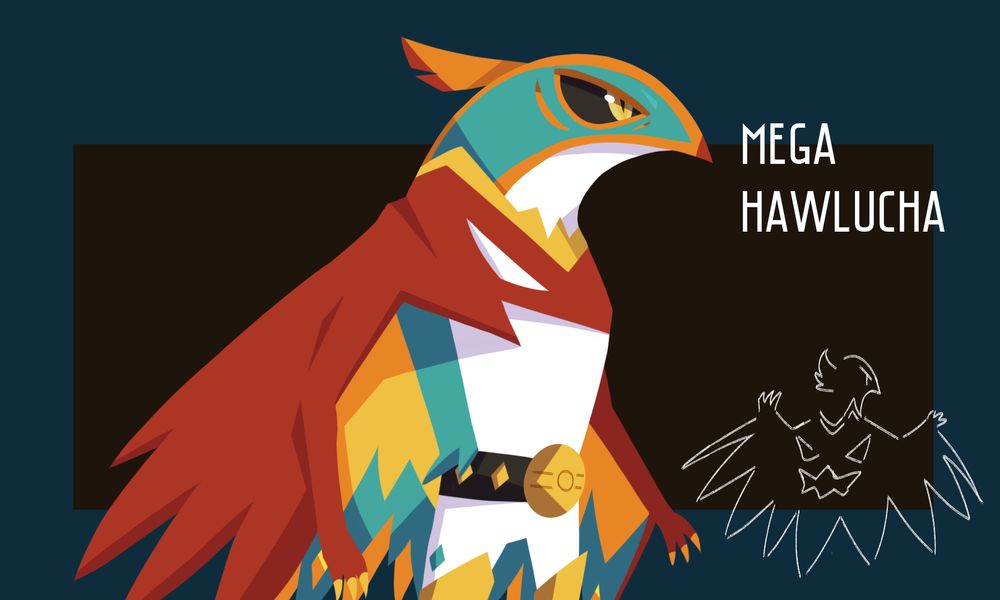 digital lineless art for a fan Mega Hawlucha. He's standing and looking to the side. The words, "Mega Hawlucha" next to him is in white.

He has extra orange on the mask, connecting to the red part of his peak and marks near his eyes. There's yellow connecting at the neck.

His collar bones have white feathers to resemble a face at the stomach. The sides of the torso are now cyan and he wears a belt with a golden Pokéball buckle.

He has orange feathers over the wings of the usual cyan ones. Along with gems at the ends of them.

The background is dark grey and the border is dark blue. There is a white outline of fan Mega Hawlucha's back where the concept of it resembles a scary look.