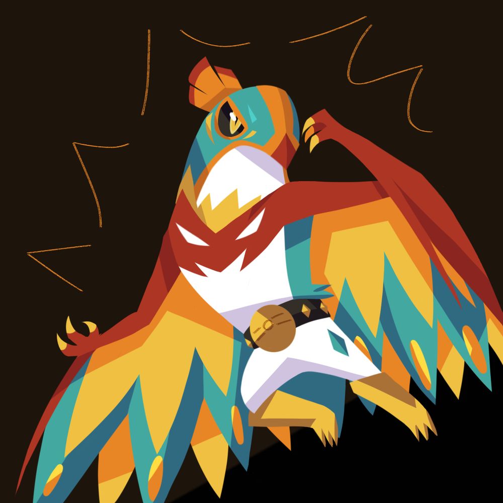 digital lineless art of the fan design for Mega Hawlucha. The Pokémon is seen jumping in the air. His right arm and wing seemingly ready to strike while the left arm is posed slightly shielded for defense.

The orange in the mask is now connected in the middle to his red beak and he has more marks near his eye. 

The shoulder bones have white feathers so the stomach looks like a face and the sides of the torso have cyan to them. He wears a belt with a golden buckle of a Pokéball.

There are more orange feathers inbetween the usual cyan wings. There are bright orange gems in the lower cyan feathers shining.

The background is black and there are outlines of an explosion effects. End description.