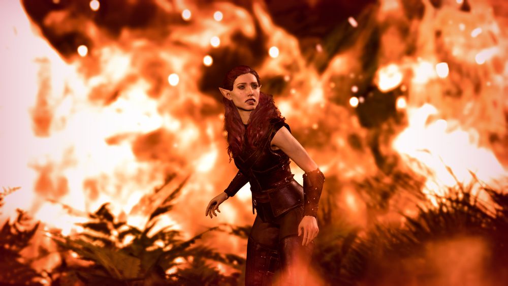 Vivian (Wood Elf Dark Urge) trapped in the middle of a burning forest with a look of terror on her face, she is surrounded by flames on all sides with no hope of escape.