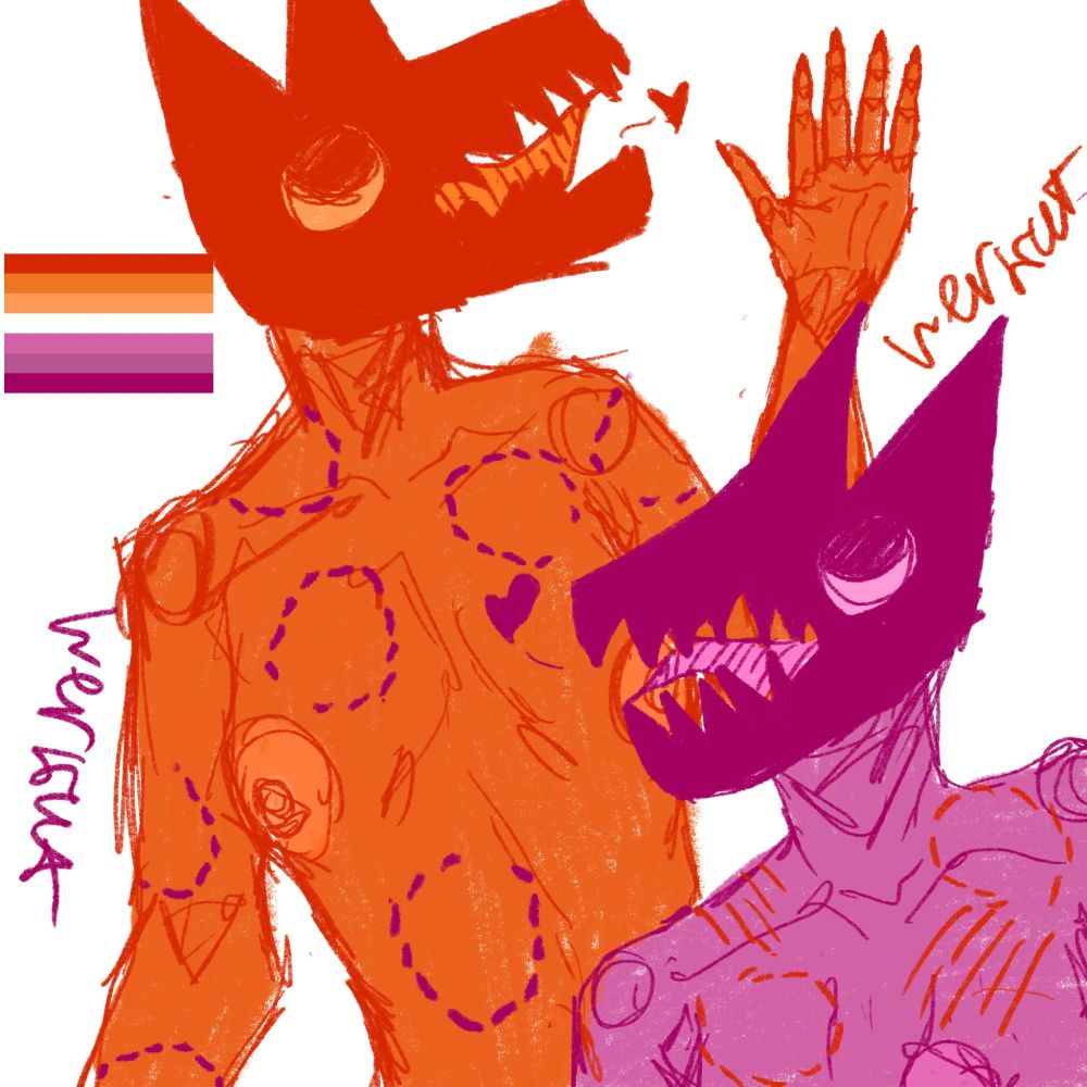 Two people with female secondary sexual characteristics are laying together on a white background, they both have inhuman heads, solid colored with sharp teeth and ears wolf - like head with big eyes, in particular, the person on top is colored in orange and red colors of the lesbian flag, they’re rolling out their tongue and rolling up their eye in ecstasy, they are covered in purple bite marks, the other person is stimulating the orange person’s breasts with their pink tongue, they are colored in pink purple colors of the lesbian flag, they’re staring at the orange person affectionately, they are covered
in red bite marks and scratch lines. 