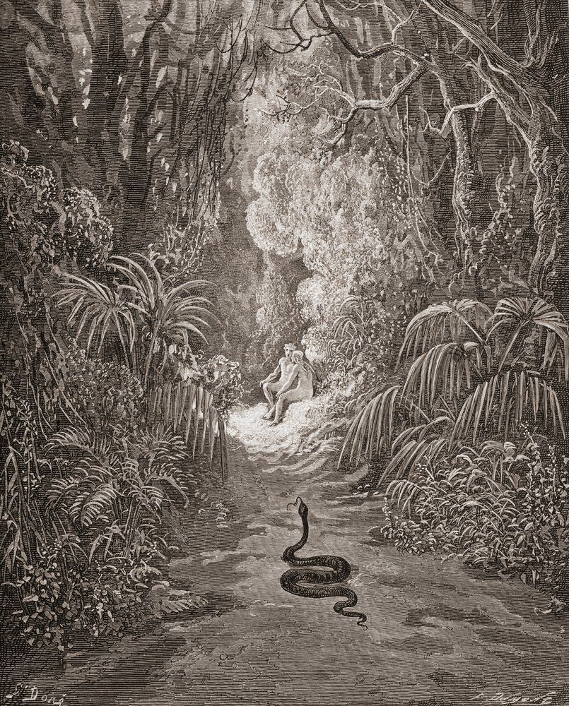 Essa ilustração de doré é muito mais próxima das primeiras duas, sendo totalmente em tons de cinza que chegam a lembrar um sépia. Ela mostra uma cena do livro do gênesis da bíblia, na qual a serpente se aproxima de adão e eva. Aqui vemos uma vegetação rica em ambos os lados da ilustração cercando o caminho que a cobra, em primeiro plano, percorre. Em segundo plano vemos Adão e Eva, nus e iluminados, sentados juntos e conversando.