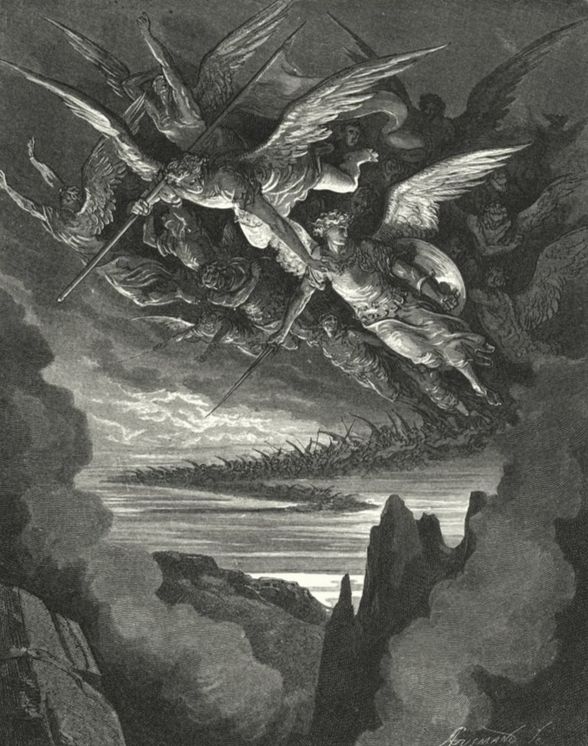 Outra ilustração de Gustave Doré no mesmo estilo da anterior, mas com sombras mais concretas. Nesta ilustração, que é da coleção de ilustrações feitas para o livro Paraíso Perdido de Milton, vemos um exército de muitos anjos que voam enfileirados e carregam armas e escudos.