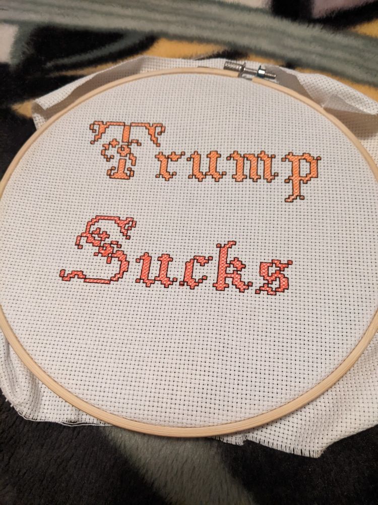 trump Sucks, in fancy script. Cross stitch.