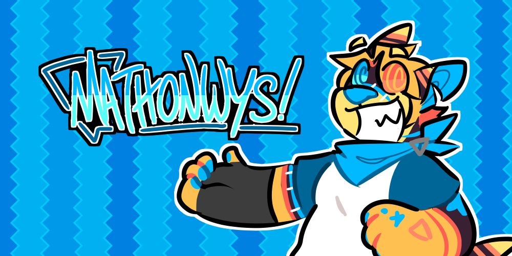 art of OP's fursona standing in front of a blue zigzag background. he's a black and orange canine with spiral eyes and a scar on his nose, and is wearing a bandana and casual shirt. he grins and gestures at OP's logo.