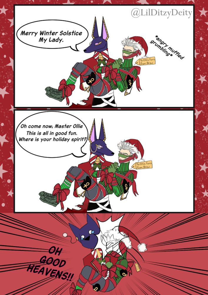 Drew carrying Master Ollie. Ollie is wrapped in christmas ribbons. Ollie grumpily headbutts Drew in retaliation.