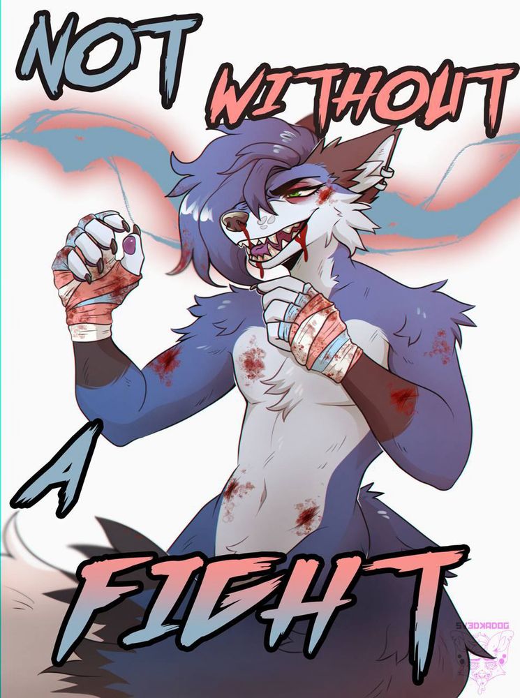 Frozen in a fighter's stance, bloodied, smiling, and ready to keep up the fight as long as they have to