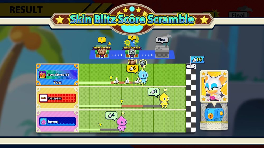 "Skin Blitz Score Scramble" in Sonic Rumble. There are three competing players, represented as Chao racing to the finish line. Collecting "thumbs" by getting C rank (or better) in Ring Survival mode, progresses the Chao along the race track.

The reward for reaching the finish line first is a skin, which would normally have to be purchased with Red Rings, Sonic Rumble's in-game currency. Keep in mind however, that the skin featured in the screenshot (Rouge the Bat in her base appearance) is not even available in the store currently from the time this screenshot was taken.

Anyone who falls behind first place gets nothing when the Skin Blitz Score Scramble wraps up, yet are forced to watch as the person in the lead takes the reward.