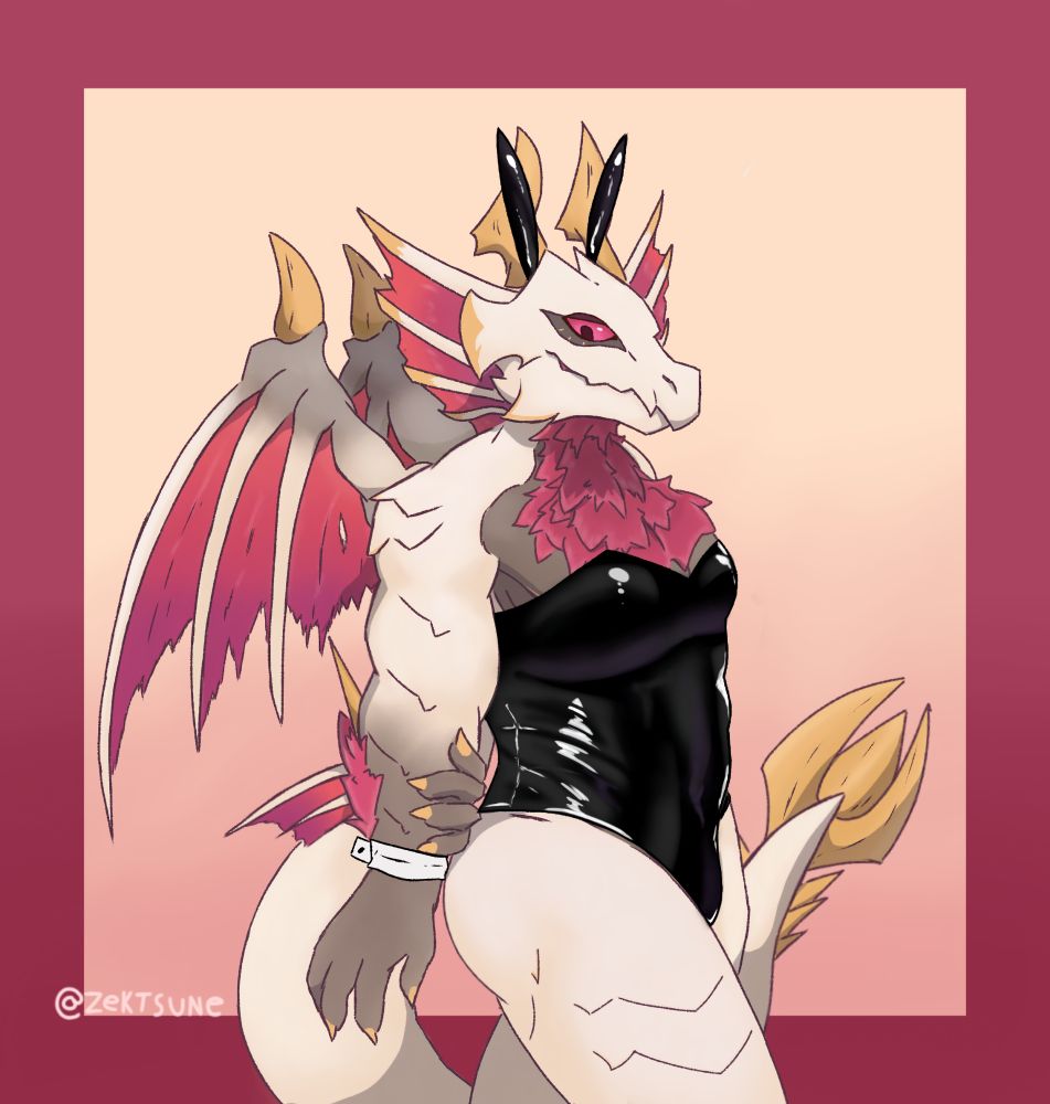 Anthropomorphic Malzeno in a bunny suit 