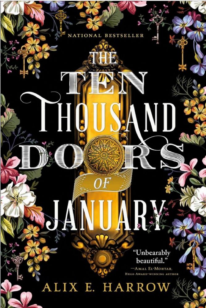 The cover for Alix E. Harrow's Ten Thousand Doors of January showing a 
 fancy metal doorknob and rosette plate surrounded by keys and flowers.