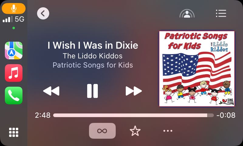 Apple CarPlay screen capture of AppleMusic. It was streaming children’s music for my 2 1/2 year old and began playing “I Wish I Was in Dixie” from an album titled “Patriotic Songs for Kids”

"Dixie", also known as "Dixie's Land", "I Wish I Was in Dixie", and other titles, is a song about the Southern United States first made in 1859. "Dixie" originated in the minstrel shows of the 1850s and quickly became popular throughout the United States. During the American Civil War, it was adopted as a de facto national anthem of the Confederacy. New versions appeared at this time that more explicitly tied the song to the events of the Civil War.

In all, I don’t appreciate my toddler being indoctrinated, but if you’re going to do it, don’t do it on behalf of the US Civil War south, and don’t claim you’re being “patriotic” doing it. 