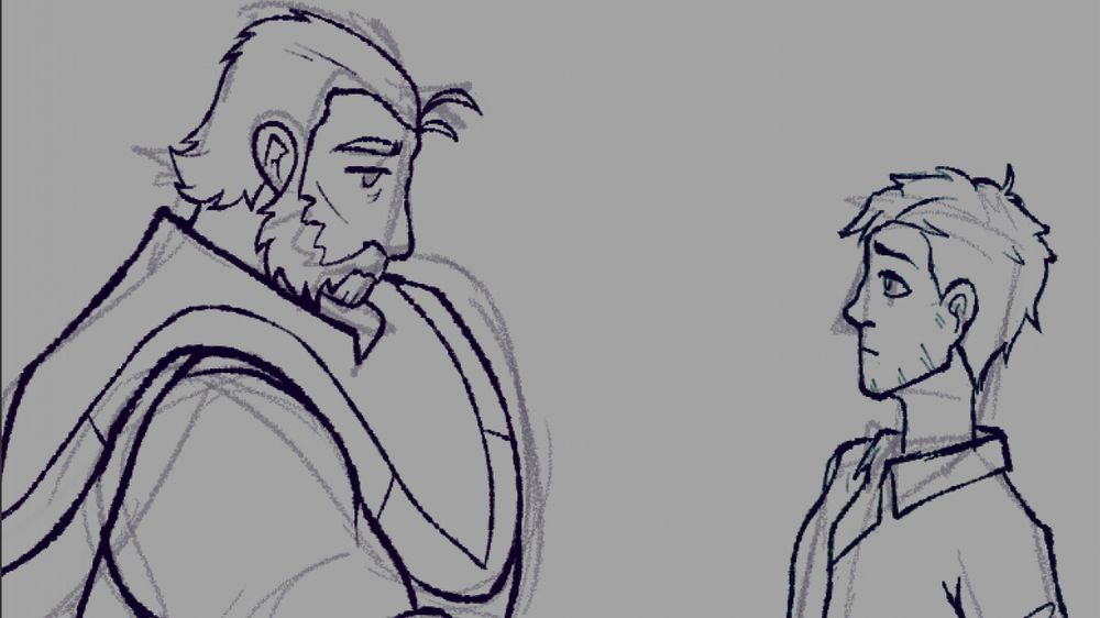 a screenshot of a lined work in progress animation with Phenomaman and Robert from Dispatch looking at each other