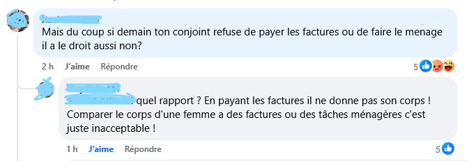 Commentaire sexiste provenant d'une publication. 
1er commentaire : X : "Mais du coup si demain ton conjoint refuse de payer les factures ou de faire le menage il a le droit aussi non?"
Réponse à ce commentaire : "quel rapport ? En payant les factures il ne donne pas son corps ! Comparer le corps d'une femme a des factures ou des tâches ménagères c'est juste inacceptable !"
