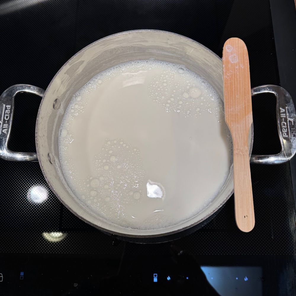 A pot of milk, sitting on the stovetop. I hold it at 185°F for about 20 minutes to help prep the proteins. After that, it gets cooled to 115°-117°F after which I add my 'seed' (yogurt from last week's batch). Then it is held at 95°F for about five hours (is when things set). Next is draining it in cheesecloth or similar. Keeps one week. 