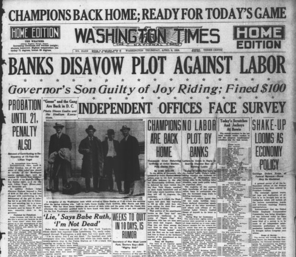 Front page of the Washington Times from April 9, 1925.