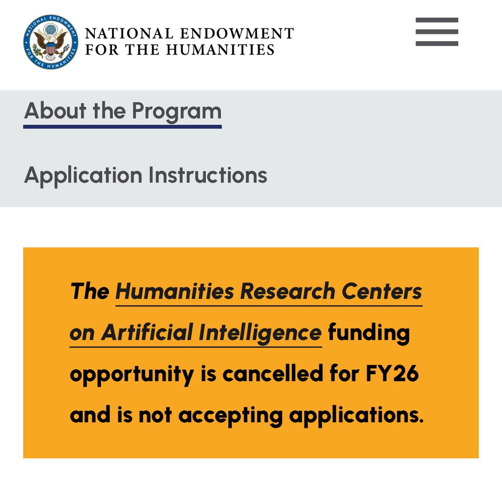 Screenshot of Humanities Research Centers on Artificial Intelligence grant program cancellation. 