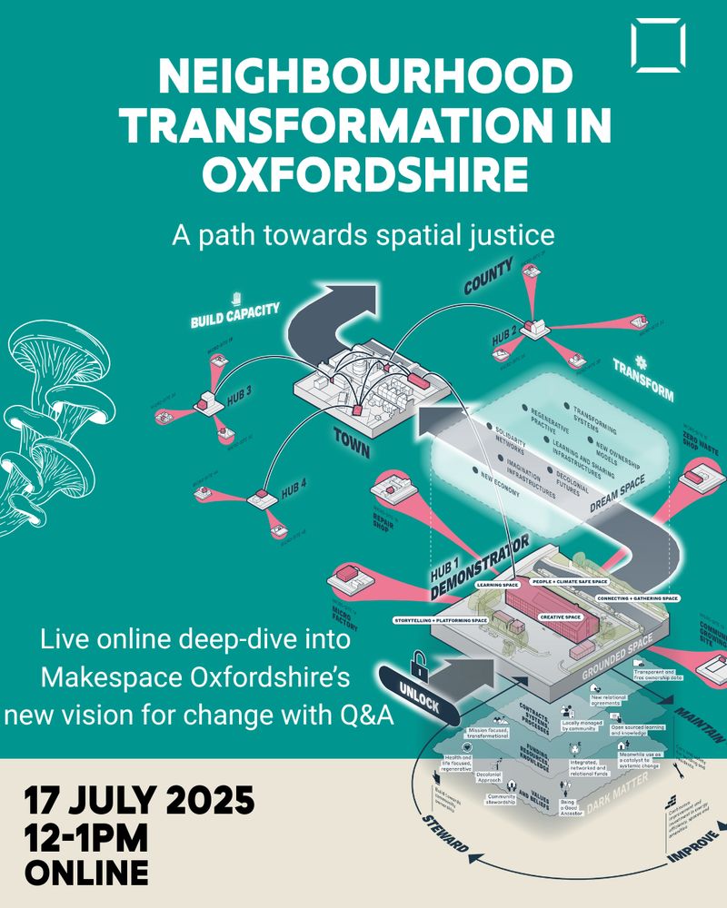 A poster for the Neighbourhood Transformation in Oxfordshire Webinar. It features the names of the webinar with the tagline "A path towards spatial justice" - it also features that date and time: 17 July 2025, 12-1pm