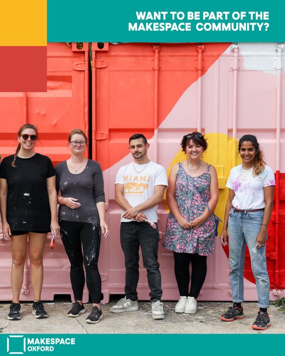 A group of people standing in front of brightly painted doors. The words "want to be part of the Makespace community?" are overlayed at the top of the image