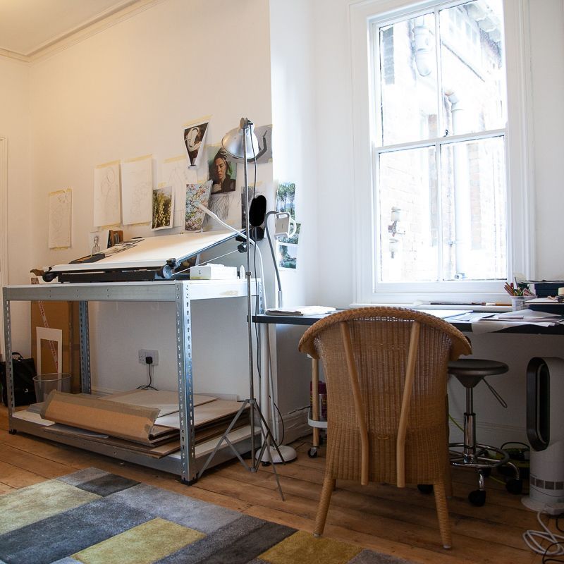 A room set up as an artist's studio