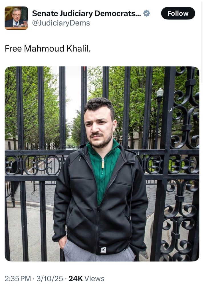 Senate Judiciary Dems account: Free Mahmoud Khalil