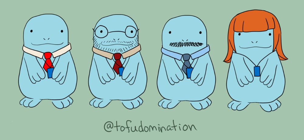 Quagsires drawn to look like Mark S, Dylan, Irving and Helly from the TV show Severence, by adding facial or head hair, and ID badges. All quagsires appear derpy and unaware as quagsires should. 