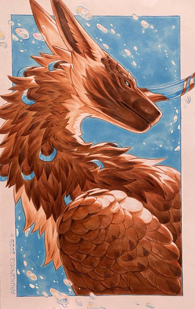 Traditional drawing by Arukanoda. It shows the torso crop of a fictional species (arvani) with brown and cream fur, feathered wings, and a long turquoise horn. The background is a solid blue color with rainbow bubbles. Gift for Spiritsai / TimeGear.