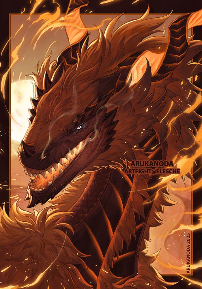 Illustration by Arukanoda. A red dragon with glowing plates, orange fur, and two spiralling horns sizes up the viewer with a maw full of beckoning flames. Embers and flickers of fire swirl around the character, complete with a sandy-dune background in warm tones. For Flesche.