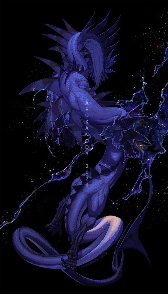 [Digital Illustration by Arukanoda or her character, named Lavi.] A drawing of a long bodied blue dragon with triangle shaped fins. The character is facing away from the viewer, showing the backside with a splash of water cutting across the vertical orientation of the image. The background is solid black.