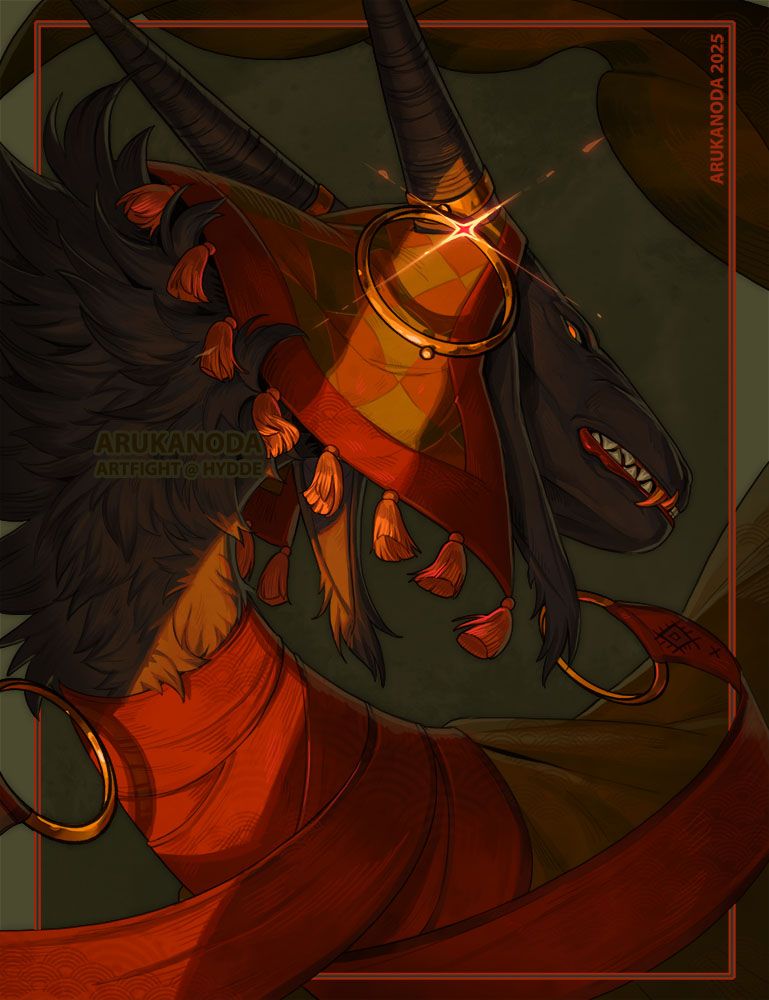 A black, fur covered creature snarls towards the viewer. It has two straight black horns and is wear various articles of warm-toned clothing, complete with metal rings. The background is a plain green color, with a shaft of bright orange light being cast over the character. For Hydde.