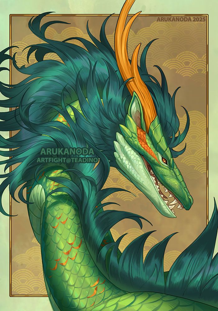 Illustration by Arukanoda. A green scaled, long noodle dragon with orange edges, a cream belly, and flowing teal mane. It sports little ears, orange horns, and canine teeth. Revenge for Teadino / Donna Vu.
