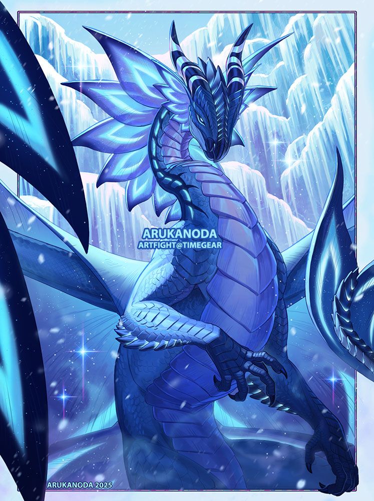 Illustration by Arukanoda. The drawing depicts a blue dragon with dark horns and a beak like muzzle, adorned with fins that emulate glowing patterns. The  background is composed of land shelves that have been frozen over with streaks of icicles. For TimeGear / Sai!
