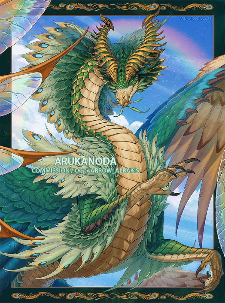 Digital Illustration by Arukanoda. The image depicts a green and gold dragon with lots of feathers around the shoulders, wings, and sides of the neck. The belly is covered in cream colored plates, and the head is adorned with two impressive, segmented golden horns. The character is rearing one claw up as though to fly out of the frame, with the tips of an insect like wing coming into the drawing from the left side of the drawing. 15 hours; for the wonderful Arrow_Alrakis.